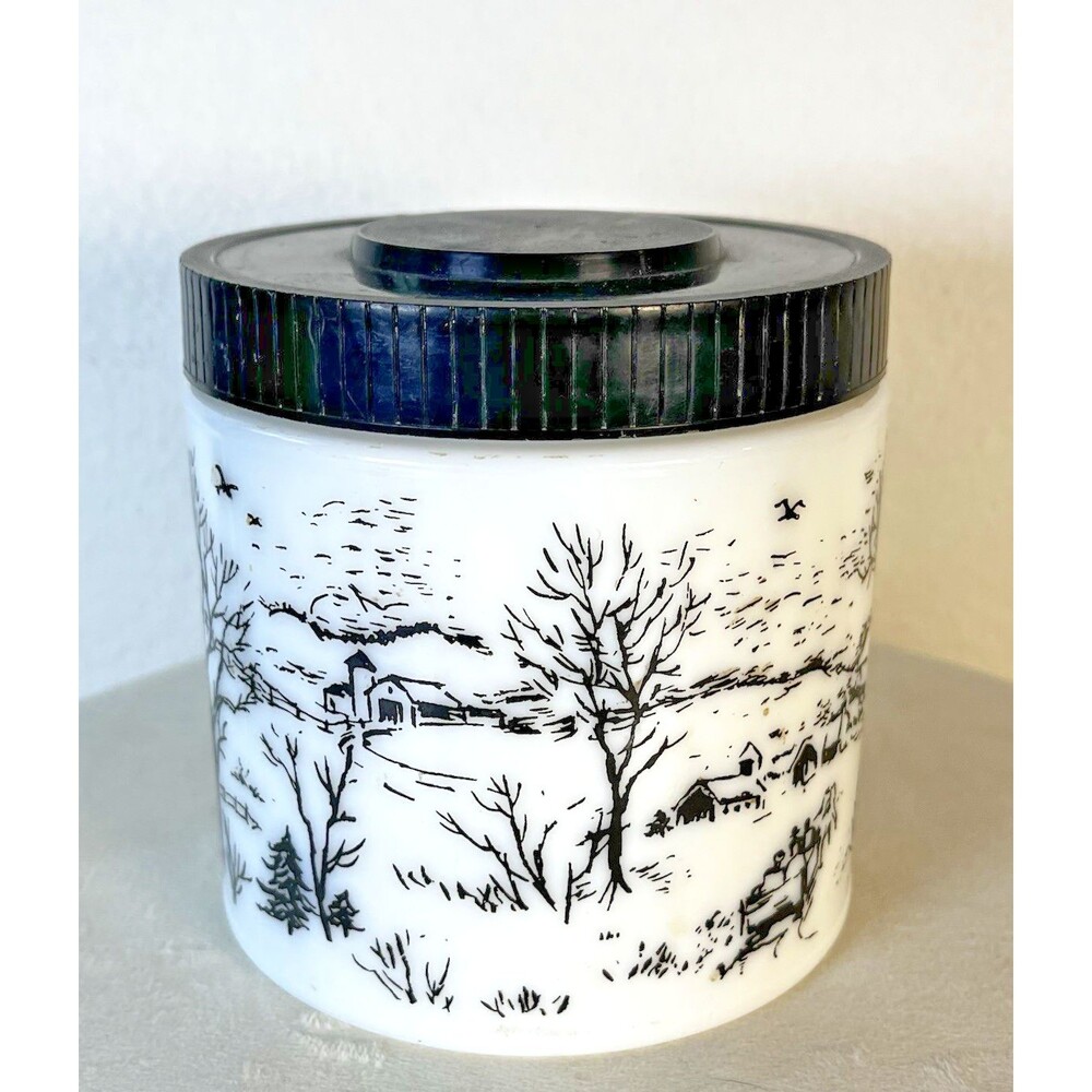 Retro 1960s Maxwell House Milk Glass Container and Lid with Winter Scene 5" Tall